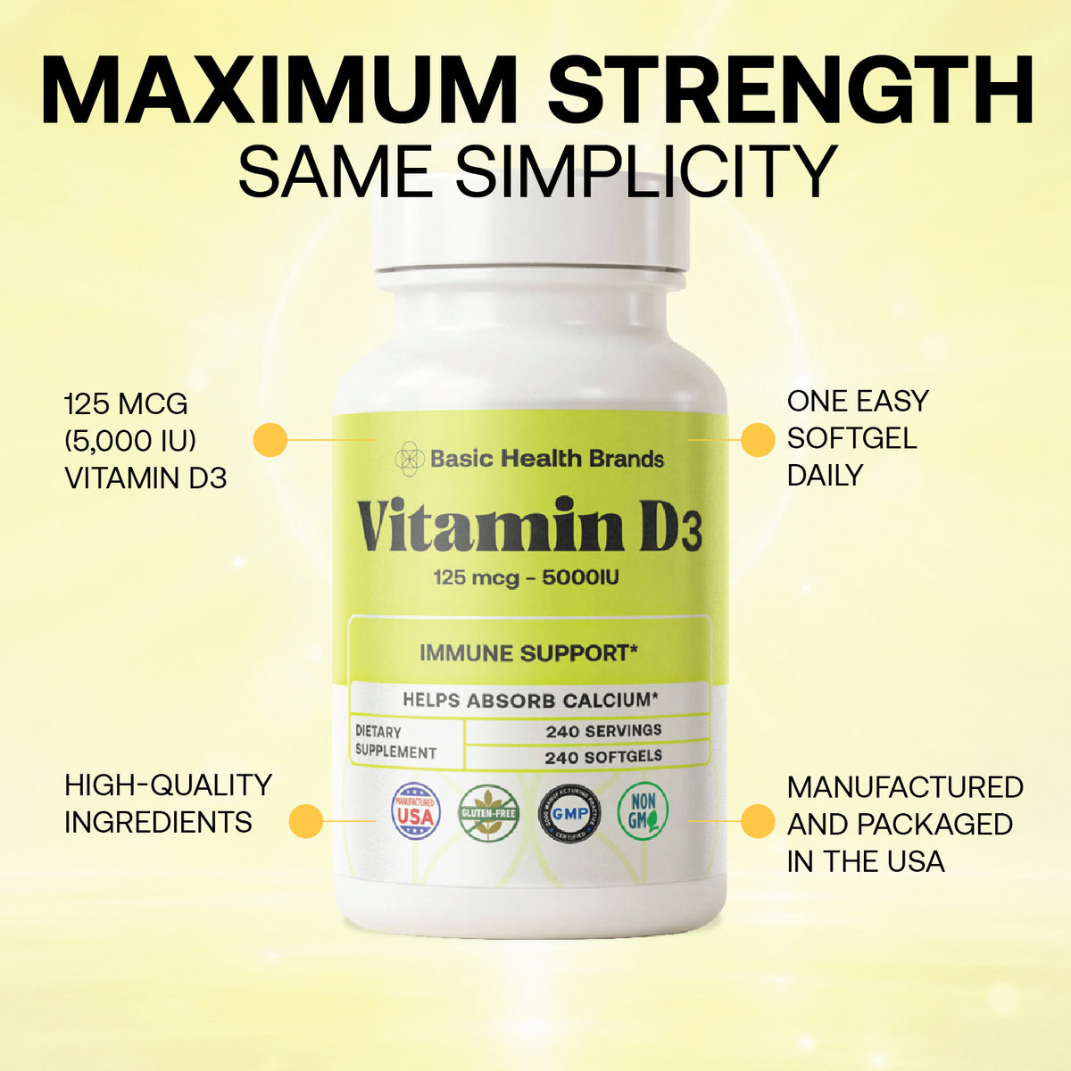 Basic Health Brands® Happy Sunshine Vitamin D3, 5000 IU, 240-Count