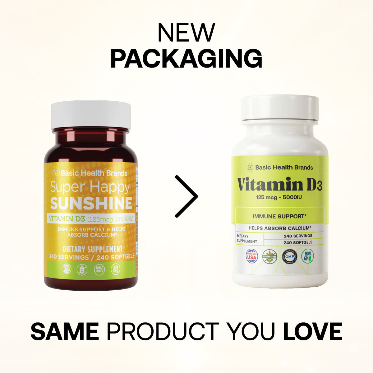 Basic Health Brands® Happy Sunshine Vitamin D3, 5000 IU, 240-Count