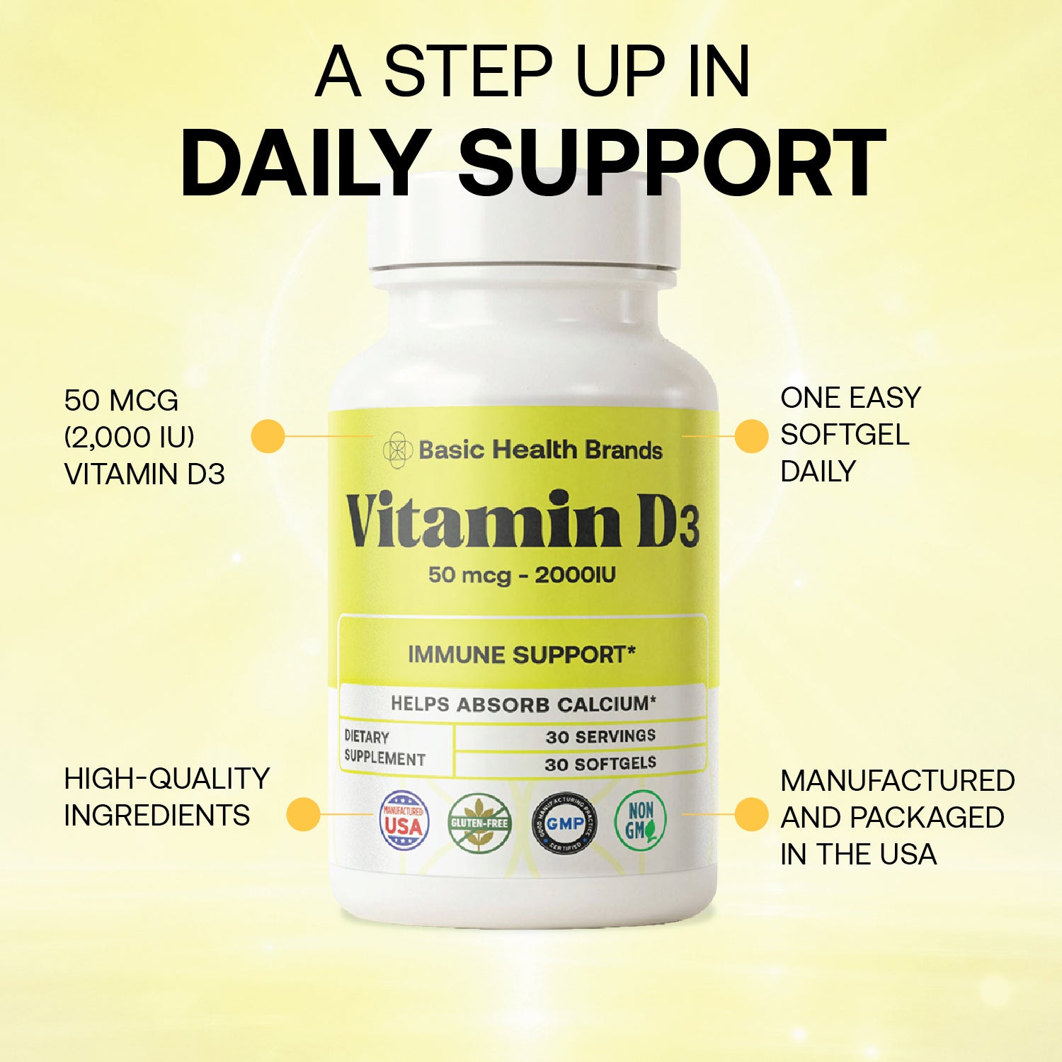 Basic Health Brands® Happy Sunshine Vitamin D3, 2000 IU