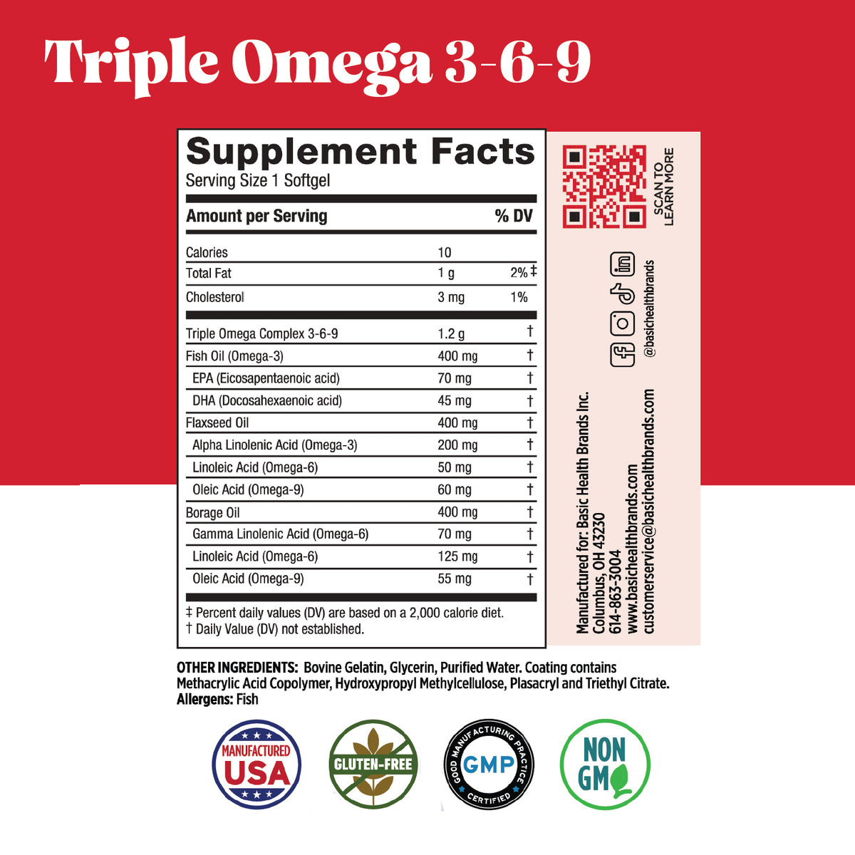 Basic Health Brands® Triple Omega 3-6-9 Fish, Flaxseed & Borage Oil