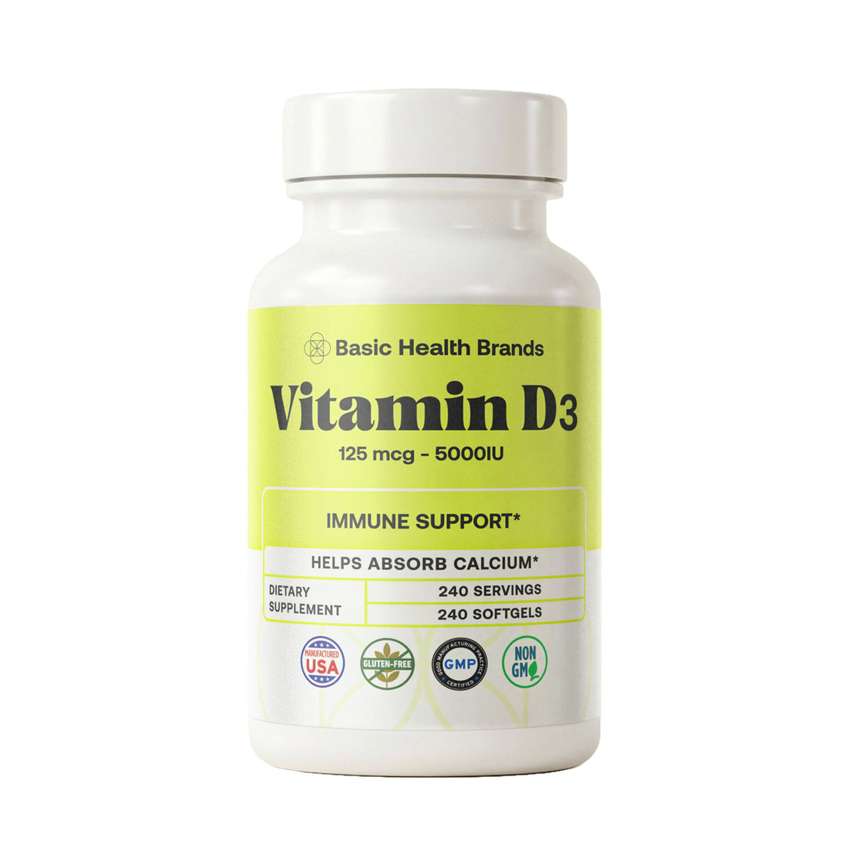 Basic Health Brands® Happy Sunshine Vitamin D3, 5000 IU, 240-Count