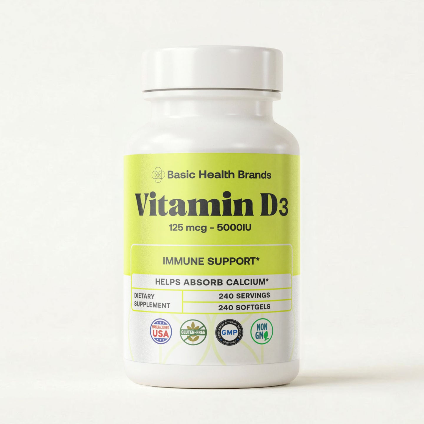 Basic Health Brands® Happy Sunshine Vitamin D3, 5000 IU, 240-Count