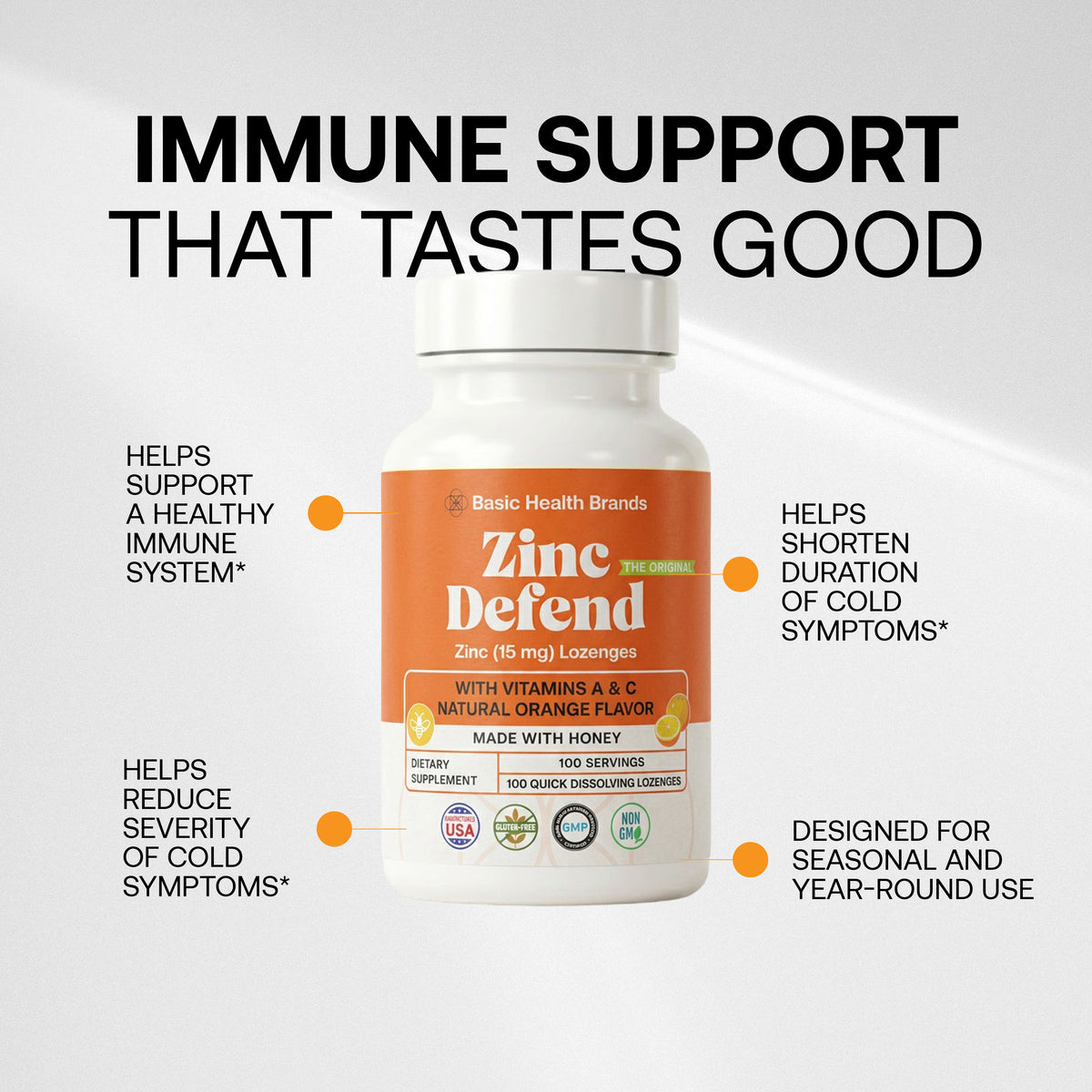 Basic Health Brands Zinc Lozenges, Orange, 100 Count